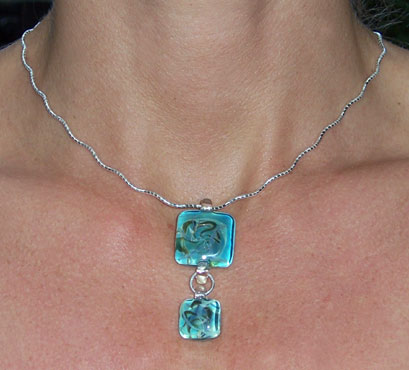 2 Square Glass pendants Curly Chain